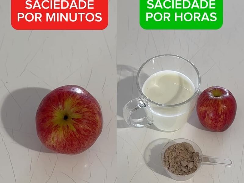 Maçã sozinha ao lado de maçã com iogurte e proteína