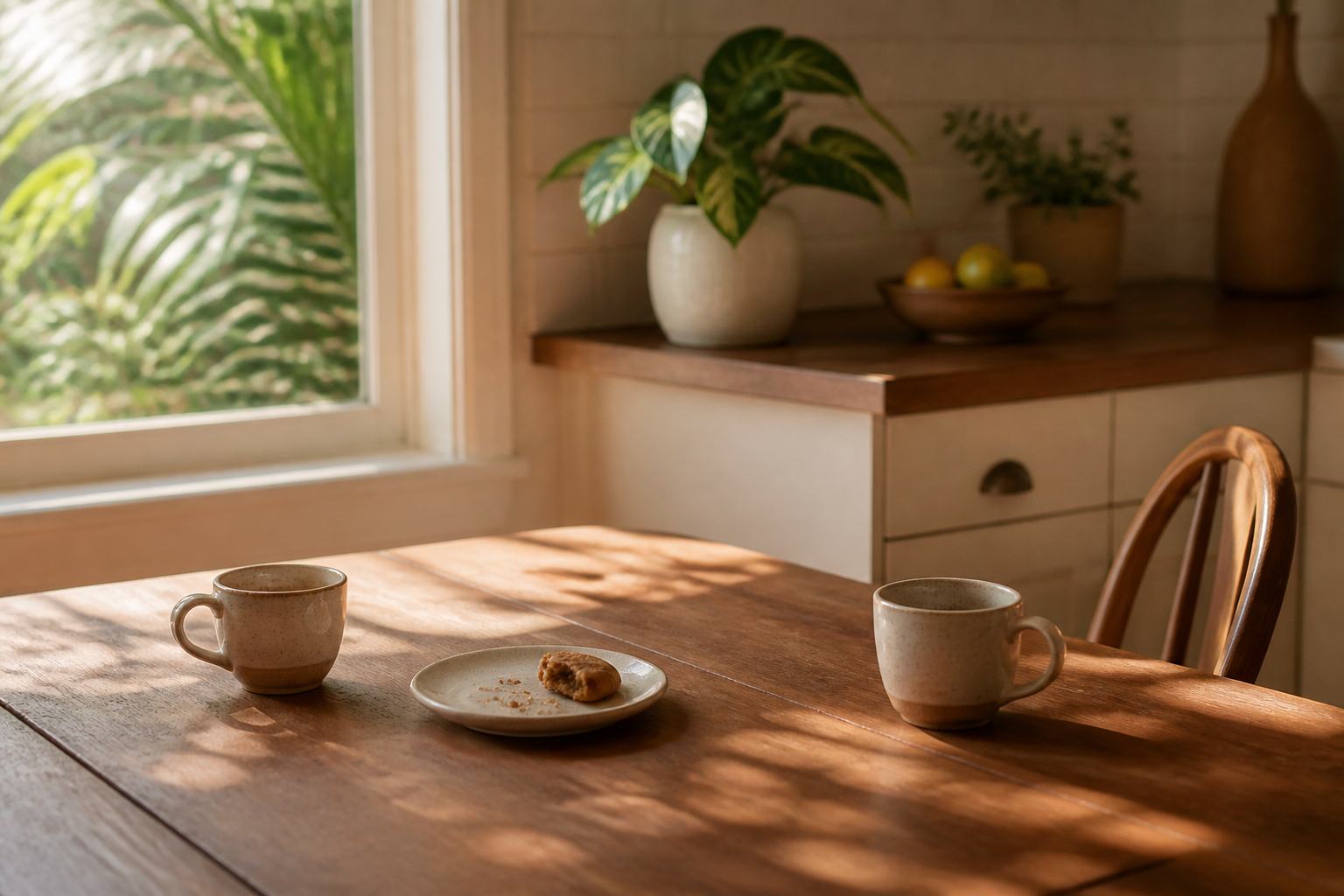 Duas xicaras de cafe sobre a mesa, uma de cada lado