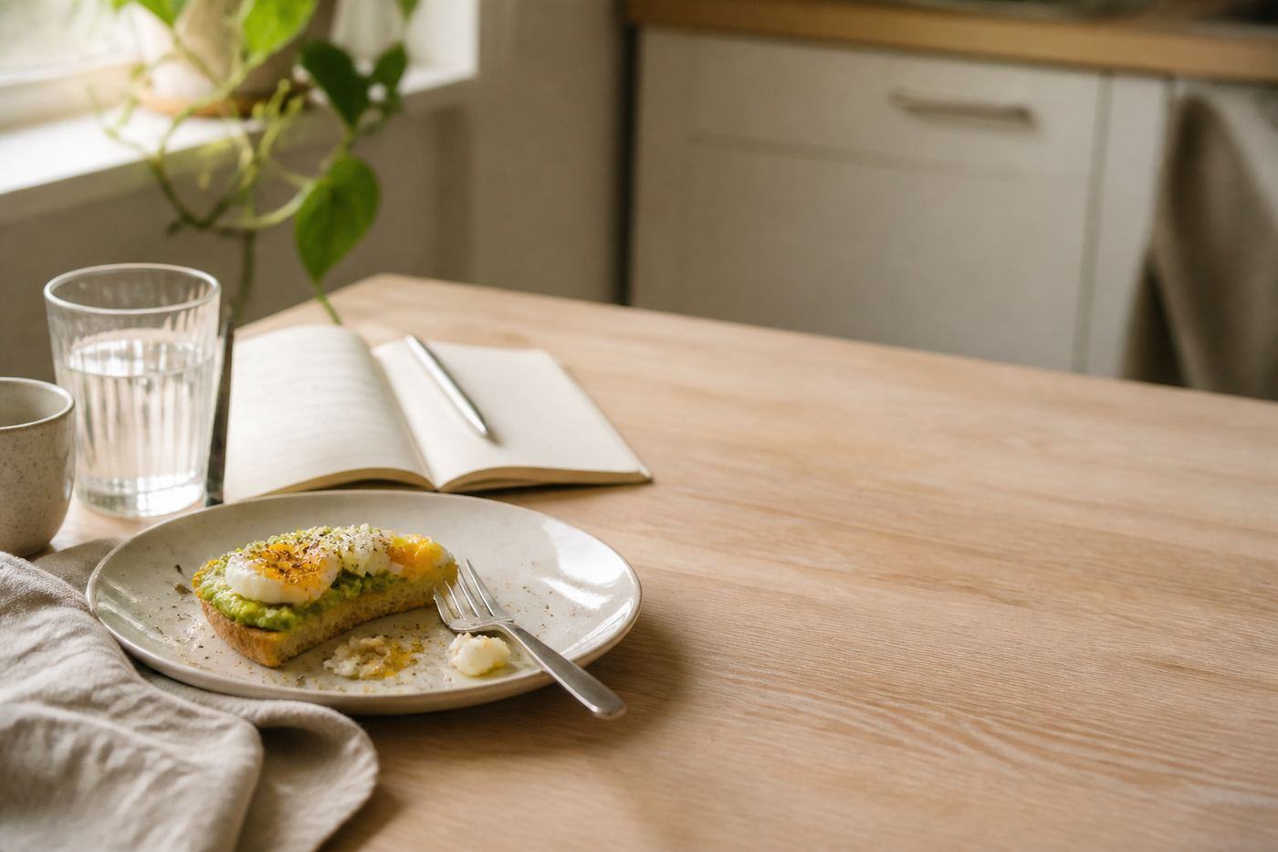 Um cafe da manha simples e um caderno aberto sobre a mesa da cozinha